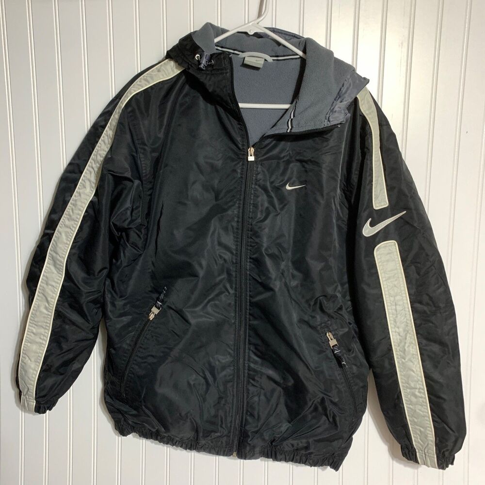 Nike Full Zip Hooded Windbreaker Jacket Black & White Men's Medium‎ Pockets VTG